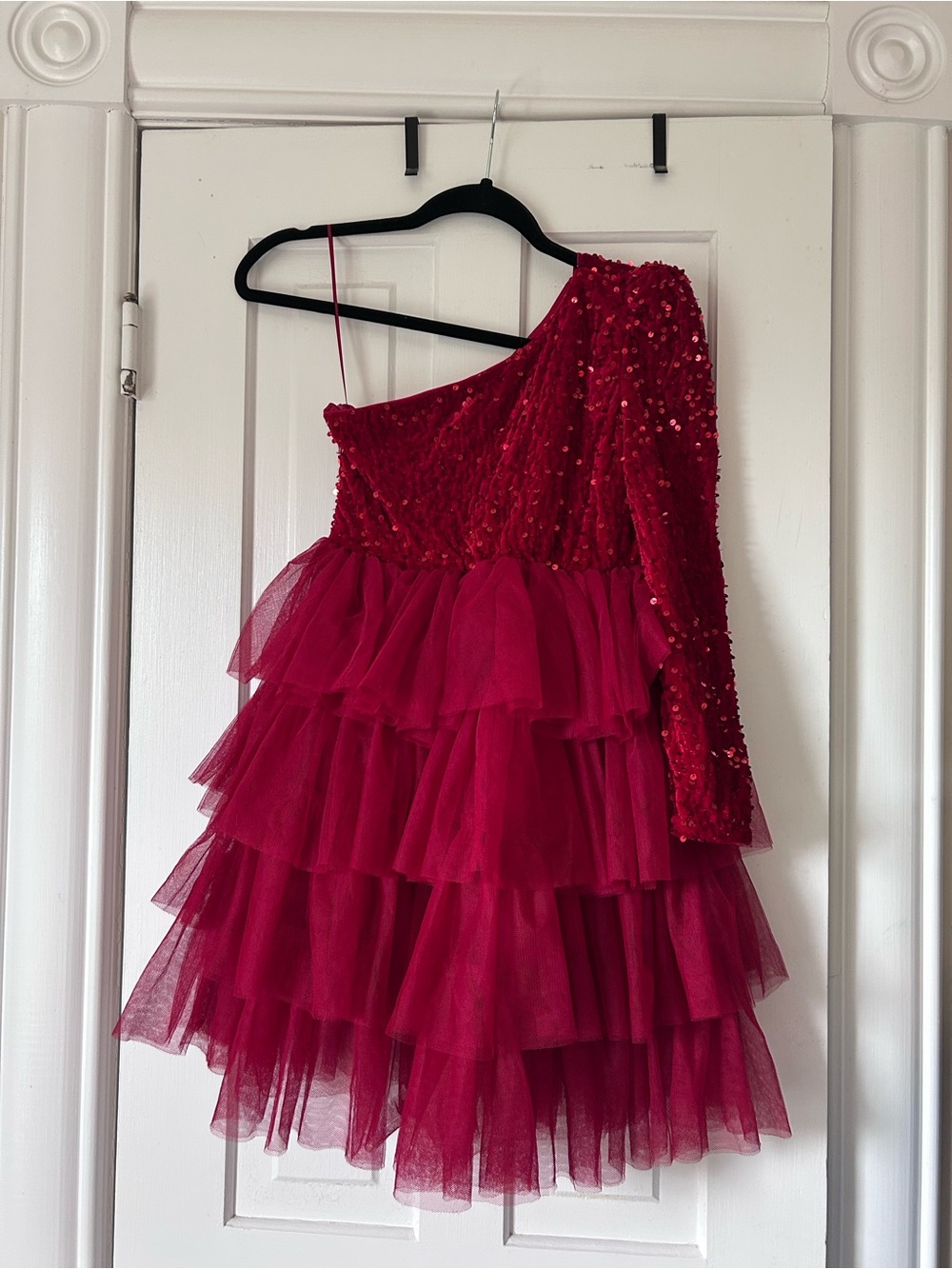 Girls One-Shoulder Red Sequin & Tulle Tiered Party Dress